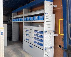 VK Ref: 2131 Full Length, Full Height Van Racking including drawers, cases, shelves, plastic bins and gas bottle restraints.